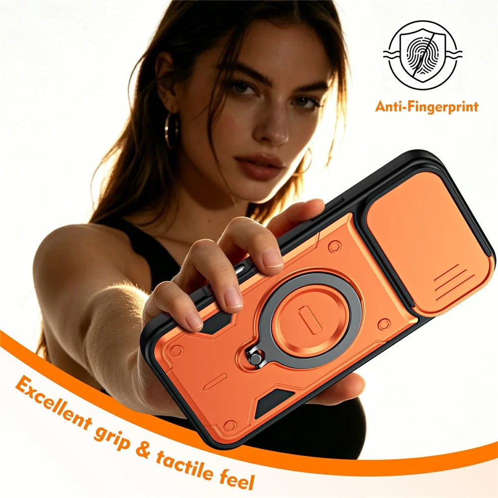 For iPhone 16 Pro Magnetic Case Rotating Kickstand Lens Slider Cover PC + TPU Phone Shell with Tempered Glass Flim - Orange - 6