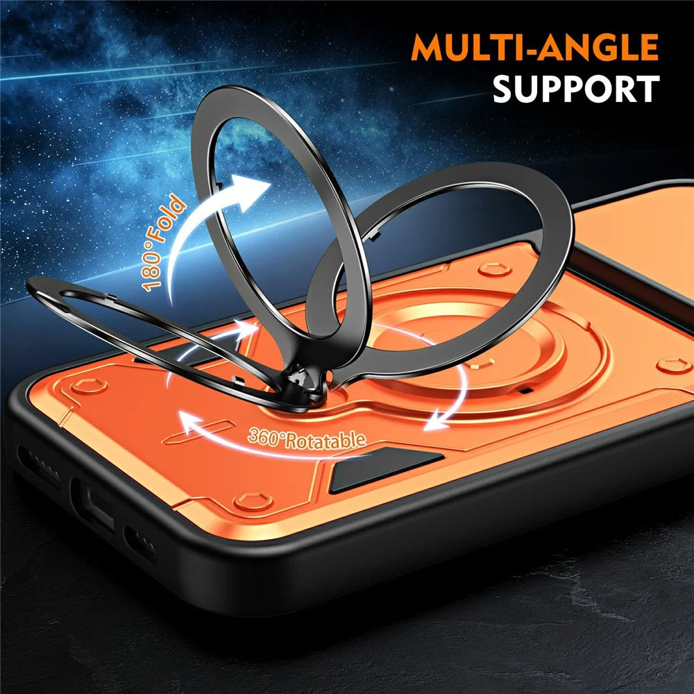 For iPhone 16 Pro Max Magnetic Case Rotating Kickstand Lens Slider Cover PC + TPU Phone Shell with Tempered Glass Flim - Orange - 3