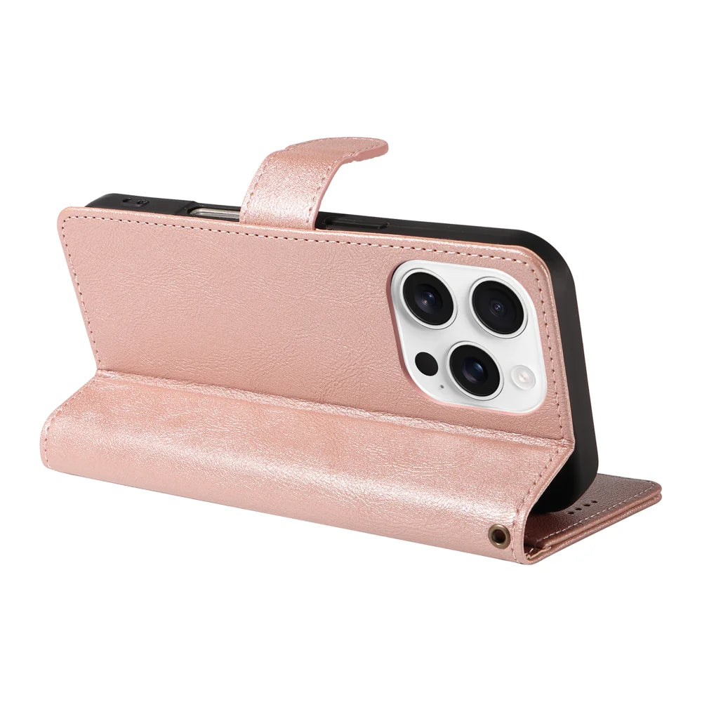 For iPhone 16 Pro Max Case with Wrist Strap RFID Blocking Wallet Cowhide Texture Leather Phone Cover - Rose Gold - 4