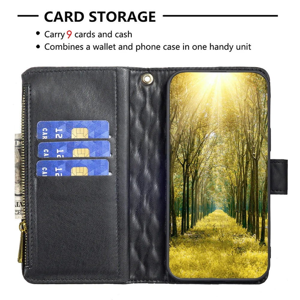 BINFEN COLOR for Samsung Galaxy A26 5G BF Style-15 Leather Case Zipper Pocket Rhombus Phone Cover - Black - 3