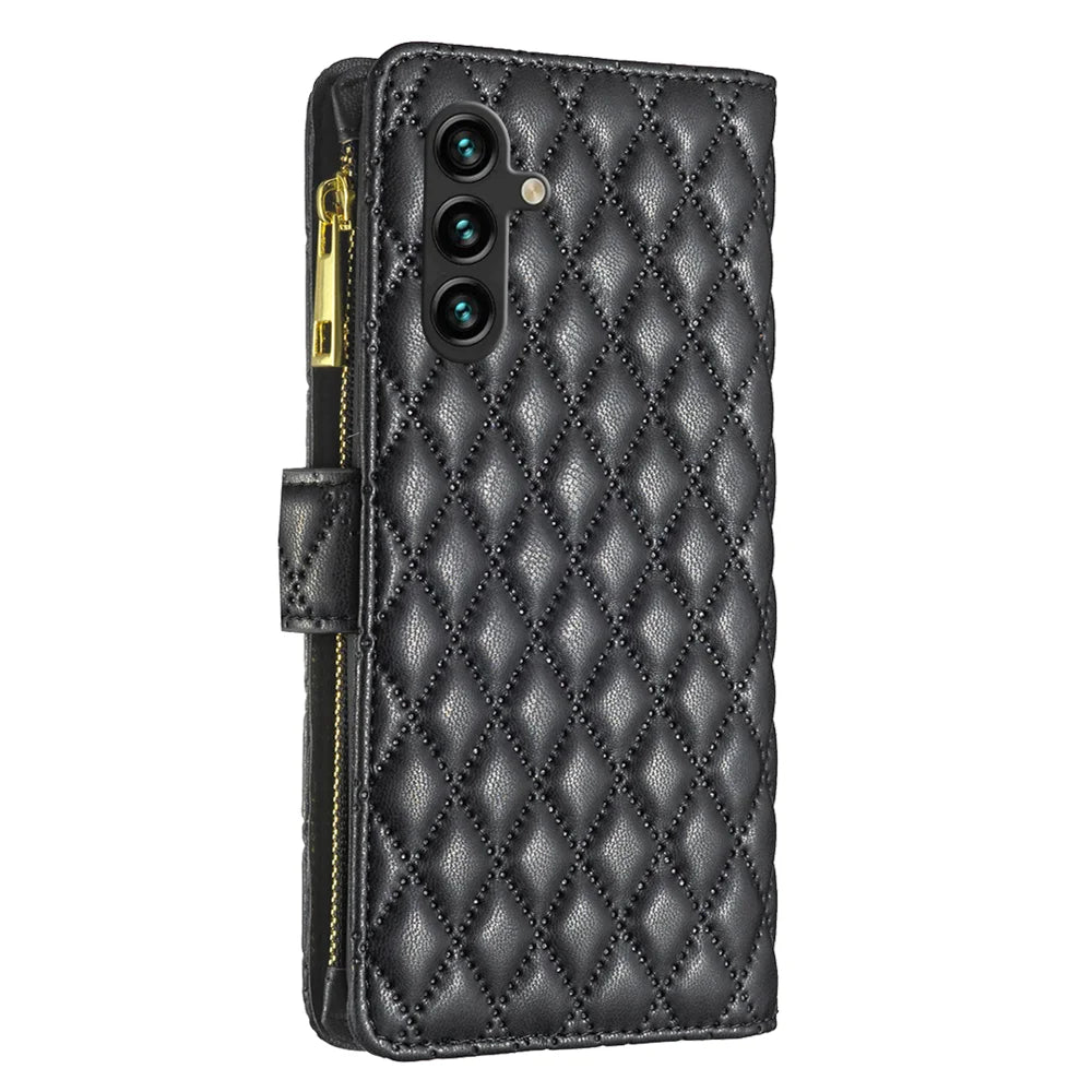 BINFEN COLOR for Samsung Galaxy A26 5G BF Style-15 Leather Case Zipper Pocket Rhombus Phone Cover - Black - 6