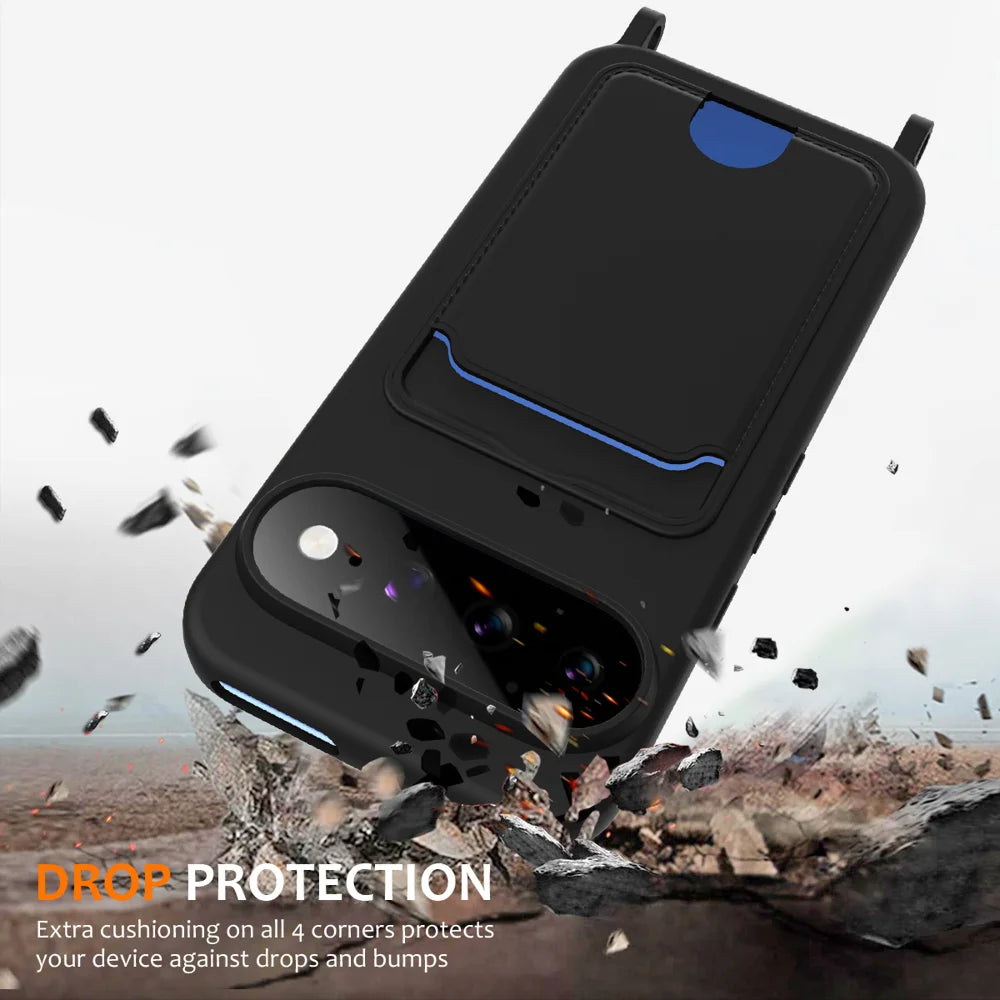 For Google Pixel 11 Case Liquid Silicone Card Holder Back Phone Cover with Lanyard - Black - 3