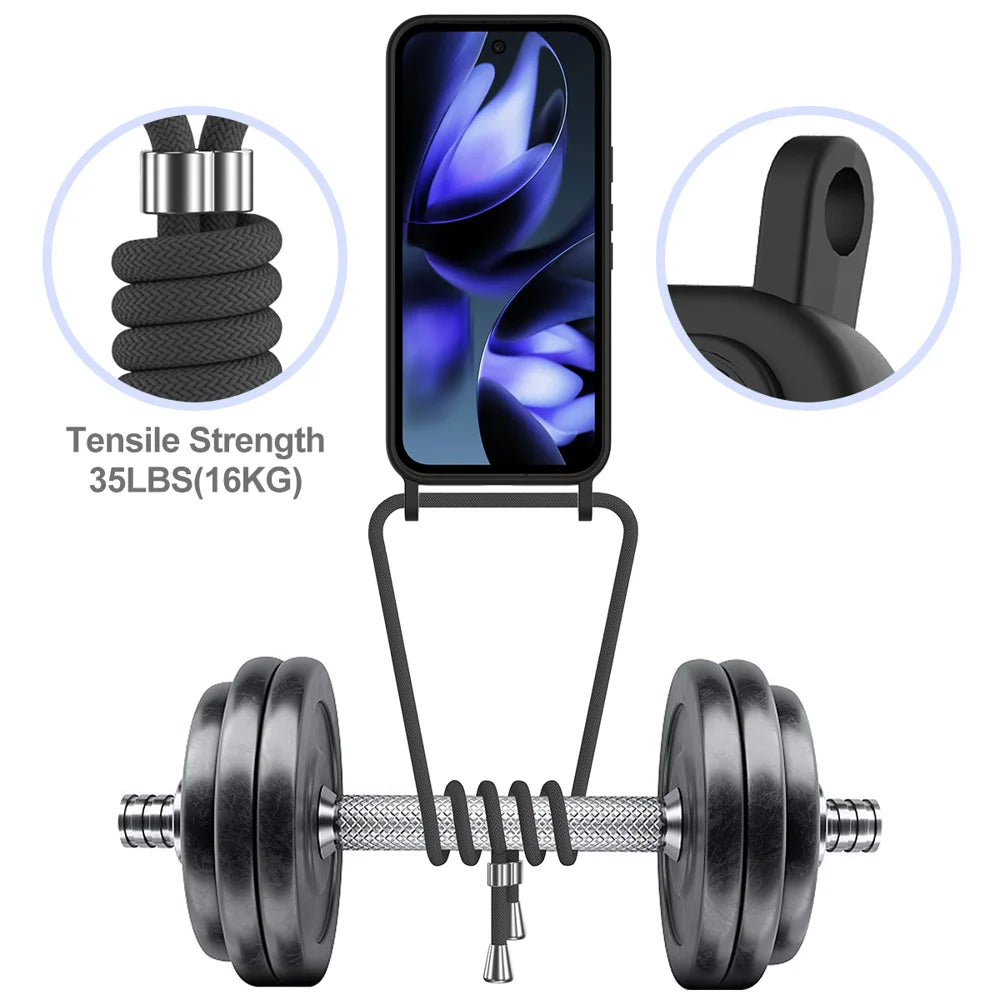 For Google Pixel 11 Case Liquid Silicone Card Holder Back Phone Cover with Lanyard - Black - 4