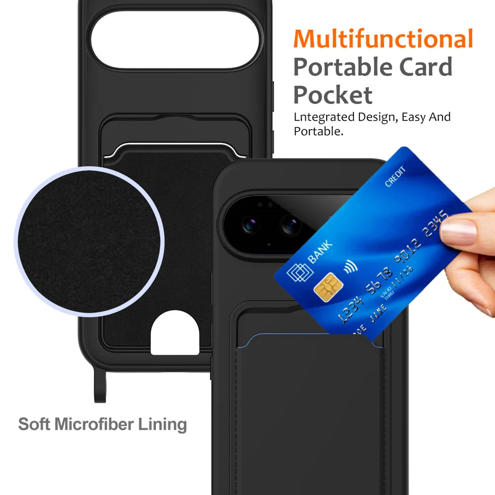 For Google Pixel 11 Case Liquid Silicone Card Holder Back Phone Cover with Lanyard - Black - 5