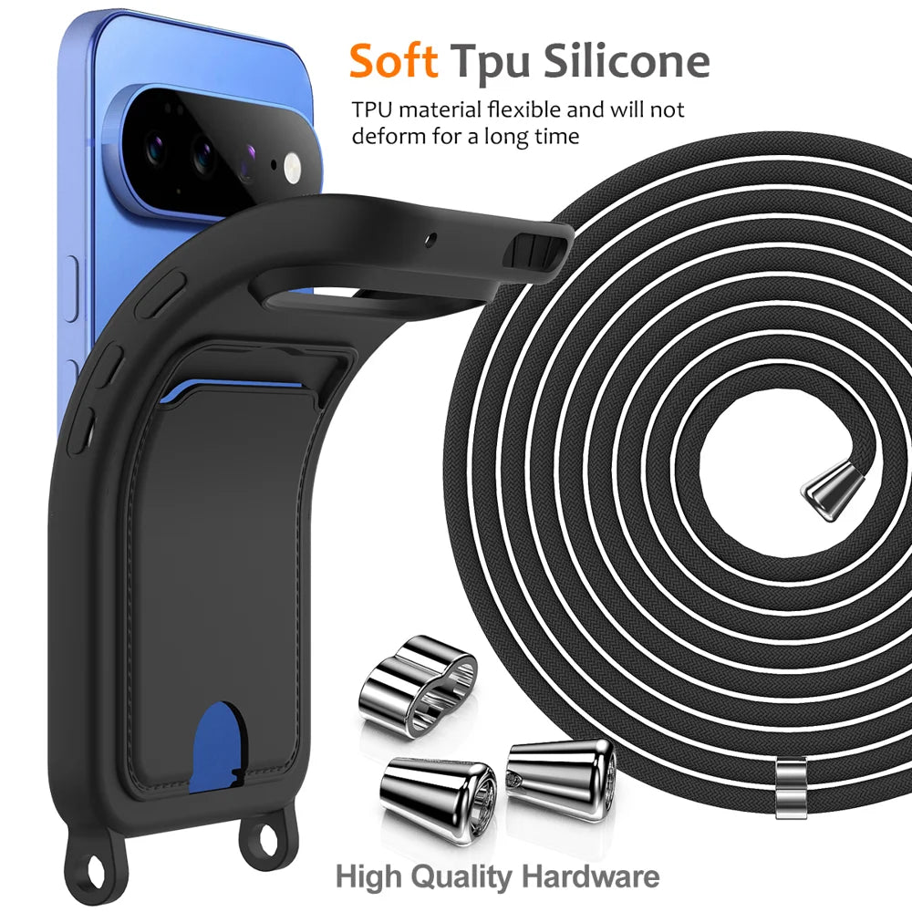 For Google Pixel 11 Case Liquid Silicone Card Holder Back Phone Cover with Lanyard - Black - 7