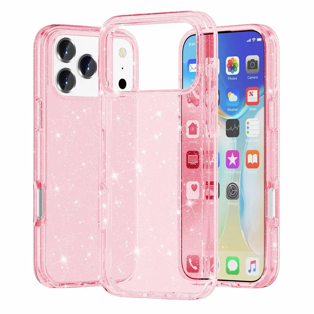 For iPhone 18 Pro Max / 17 Pro Max Case Sparkly Powder Glitter Shiny Soft TPU + Hard PC Back Cover - Pink - 1