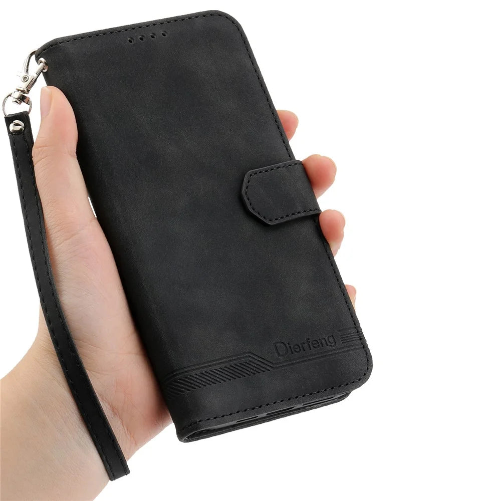 DIERFENG DF-03 For Samsung Galaxy S26 FE Leather Case Lines Imprint Wallet Phone Cover with Wrist Strap - Black - 6