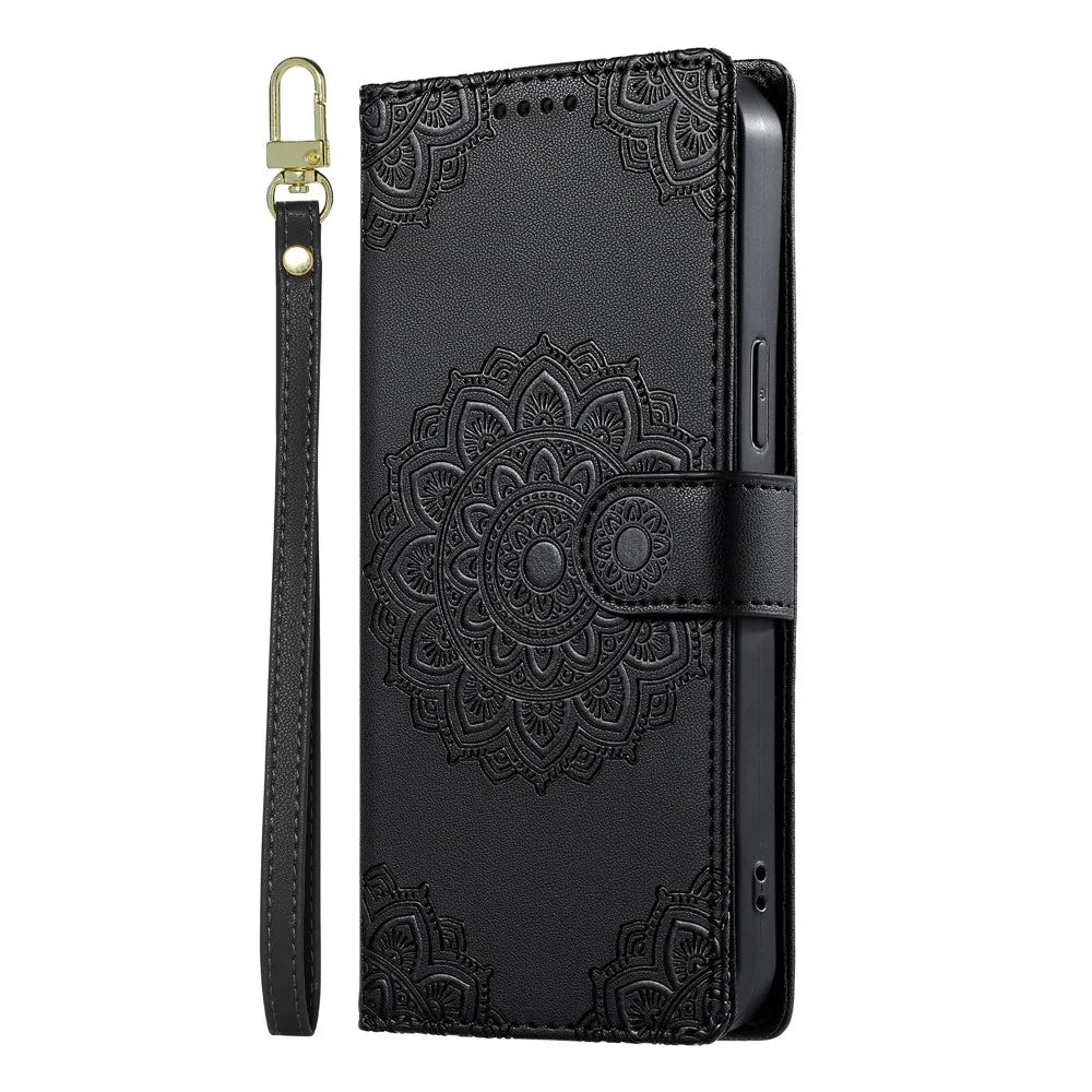 For Samsung Galaxy S26 FE Case Embossed Totem Leather Flip Wallet Phone Cover with Wrist Strap - Black - 5