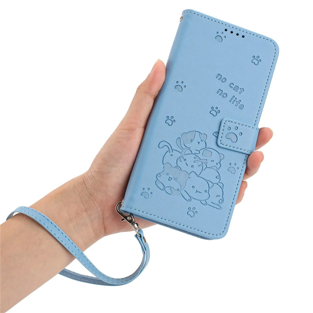 For Realme C100 4G  /  C100x 4G  /  C100i 4G Wallet Case Cats Imprint Leather Phone Cover with Strap - Blue - 4