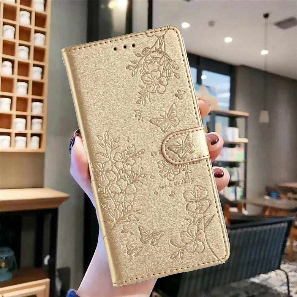 For Samsung Galaxy S26 FE Wallet Phone Case Butterfly Floral Imprint Leather Flip Cover with Strap - Gold - 5