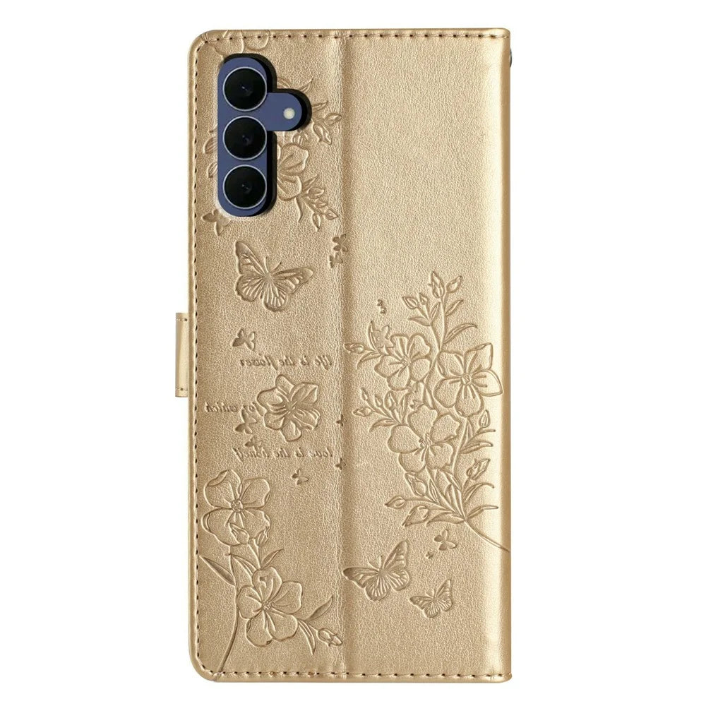 For Samsung Galaxy S26 FE Wallet Phone Case Butterfly Floral Imprint Leather Flip Cover with Strap - Gold - 7