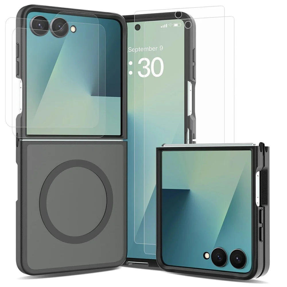 For Samsung Galaxy Z Flip8 TPU+PC Magnetic Case with 2Pcs Outer Screen Tempered Glass Film + 2Pcs Inner Screen Hydrogel Film - Black - 1