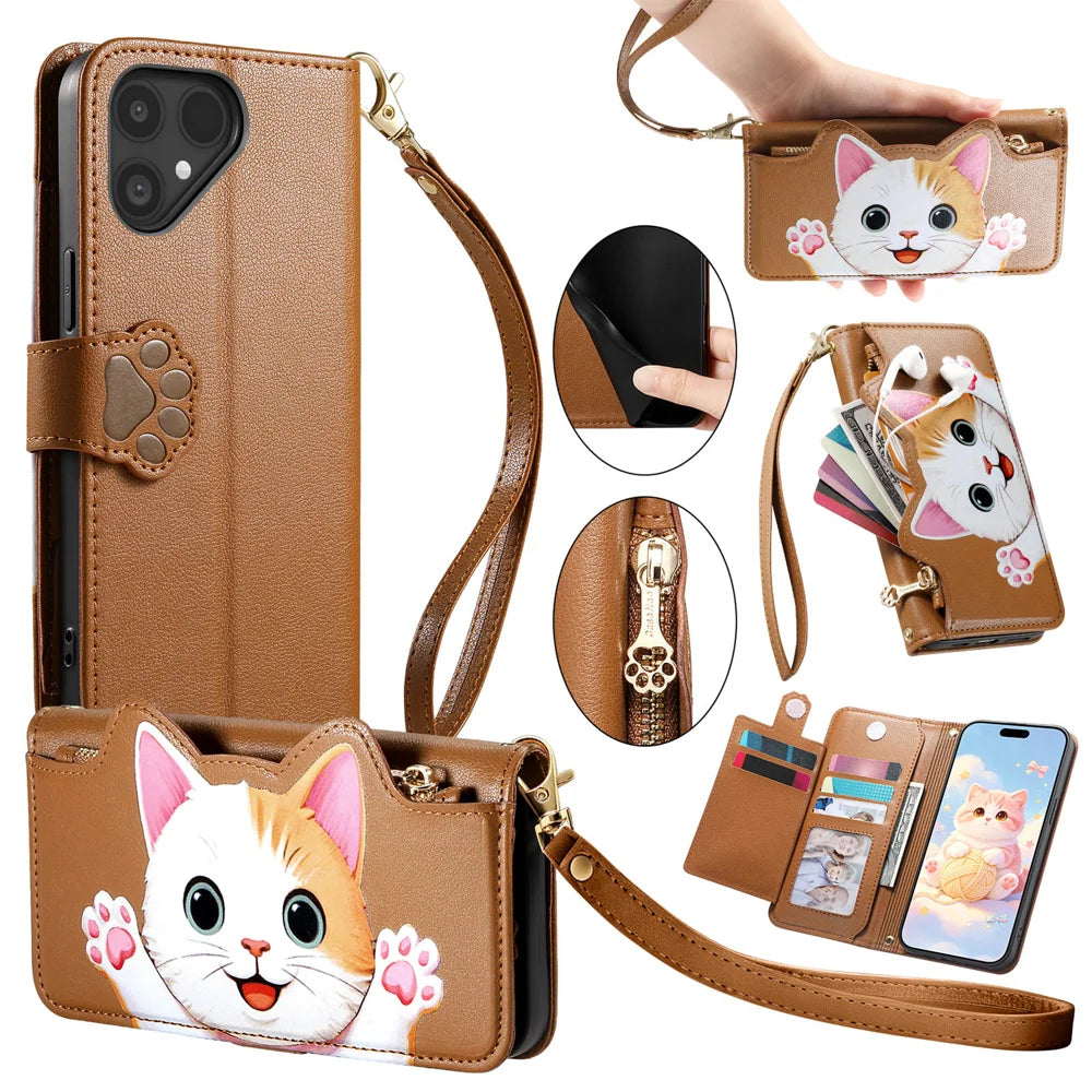 For Fairphone 5 Case Cute Cat Pattern PU Leather Wallet Phone Cover with Wrist Strap - Brown - 1