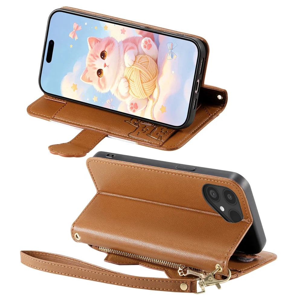 For Fairphone 5 Case Cute Cat Pattern PU Leather Wallet Phone Cover with Wrist Strap - Brown - 3
