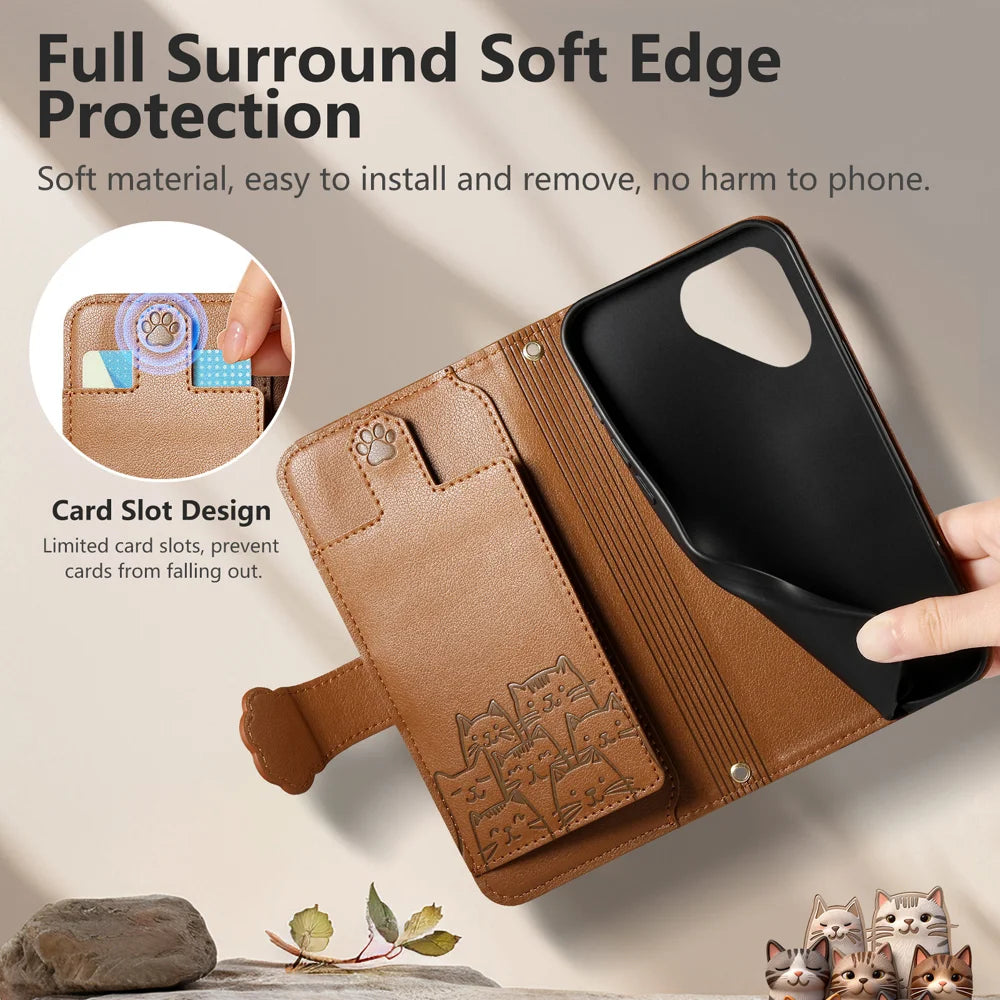For Fairphone 5 Case Cute Cat Pattern PU Leather Wallet Phone Cover with Wrist Strap - Brown - 4