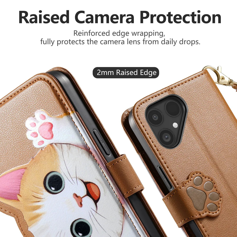 For Fairphone 5 Case Cute Cat Pattern PU Leather Wallet Phone Cover with Wrist Strap - Brown - 5