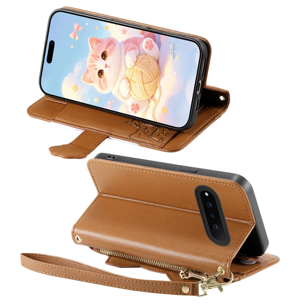 For Natural AI Phone Case Cute Cat Pattern PU Leather Wallet Phone Cover with Wrist Strap - Brown - 3