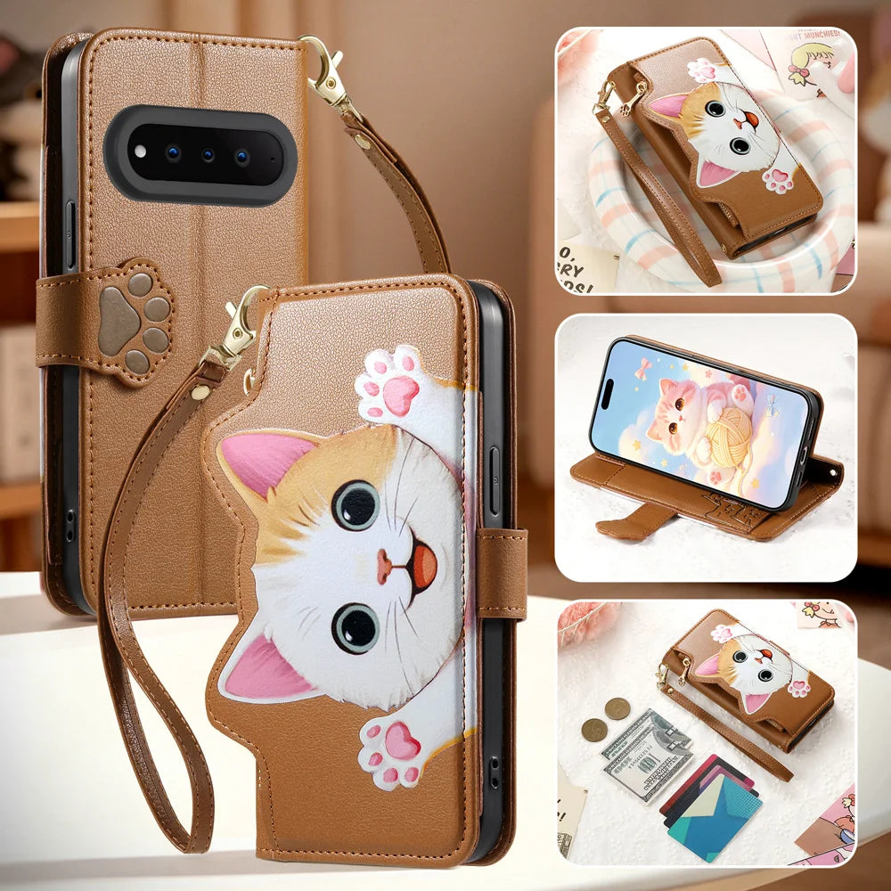 For Natural AI Phone Case Cute Cat Pattern PU Leather Wallet Phone Cover with Wrist Strap - Brown - 5