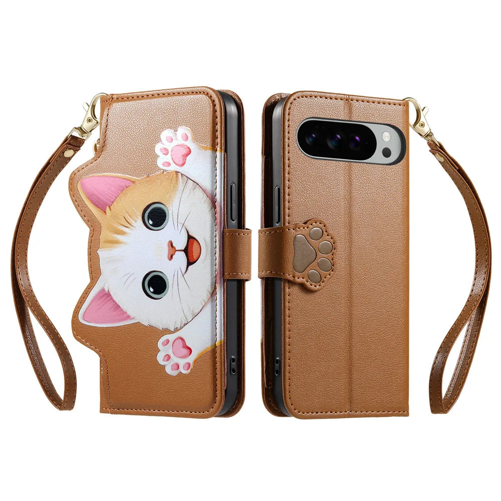 For Google Pixel 11 Pro XL Case Cute Cat Pattern PU Leather Wallet Phone Cover with Wrist Strap - Brown - 2