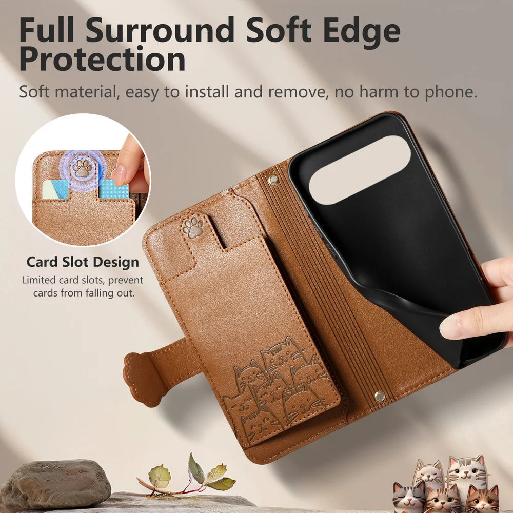 For Google Pixel 11 Pro XL Case Cute Cat Pattern PU Leather Wallet Phone Cover with Wrist Strap - Brown - 4