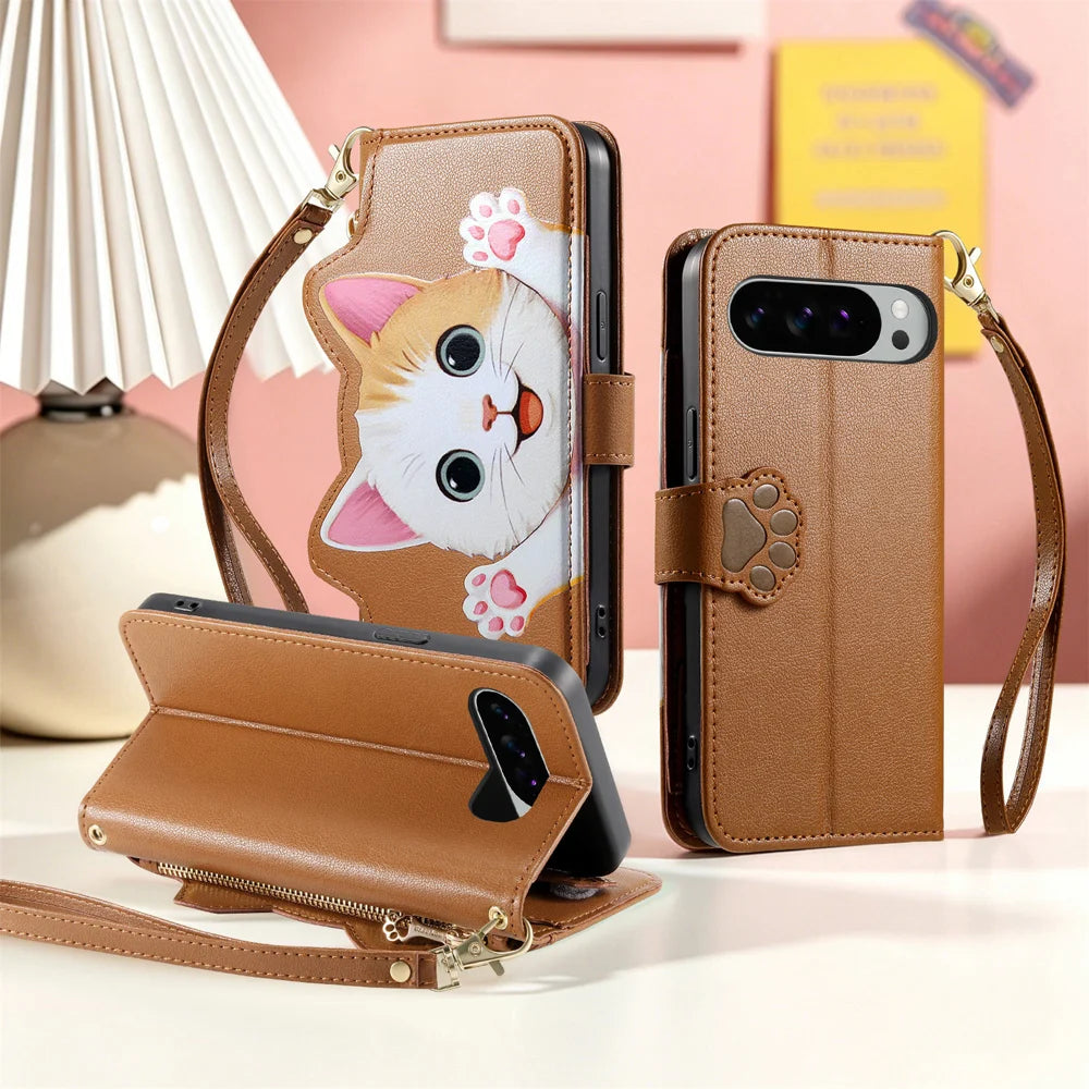 For Google Pixel 11 Pro XL Case Cute Cat Pattern PU Leather Wallet Phone Cover with Wrist Strap - Brown - 6