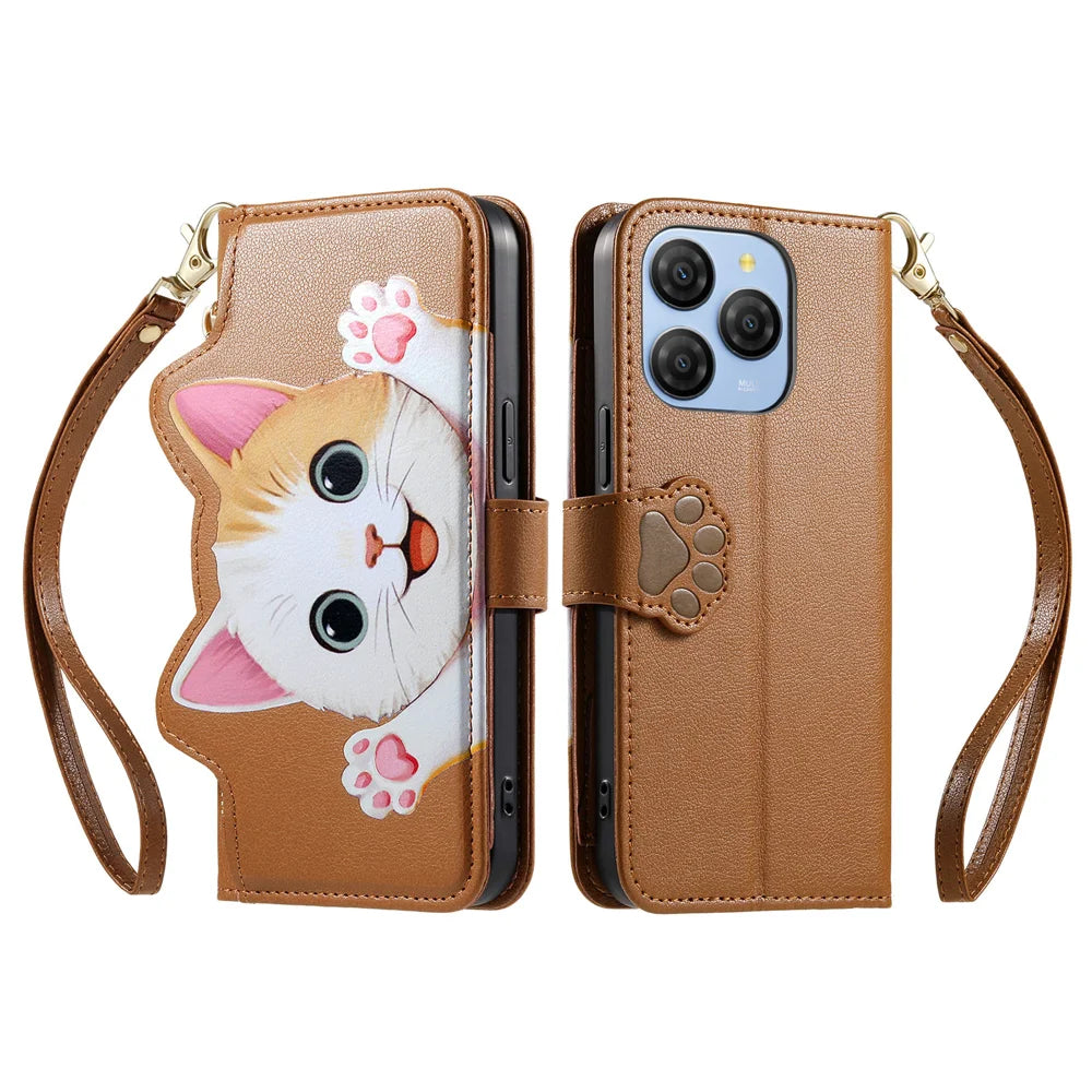 For Blackview Shark 9 5G Case Cute Cat Pattern PU Leather Wallet Phone Cover with Wrist Strap - Brown - 2