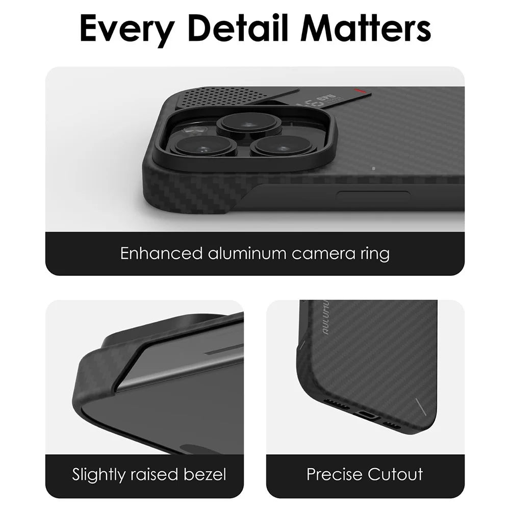 AULUMU For iPhone 16 Pro Aramid Fiber Case Ultra Thin Magnetic Phone Cover with Real-Time Temperature Monitoring - Black - 6