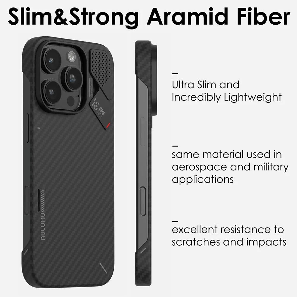 AULUMU For iPhone 16 Pro Max Aramid Fiber Case Ultra Thin Magnetic Phone Cover with Real-Time Temperature Monitoring - Black - 3