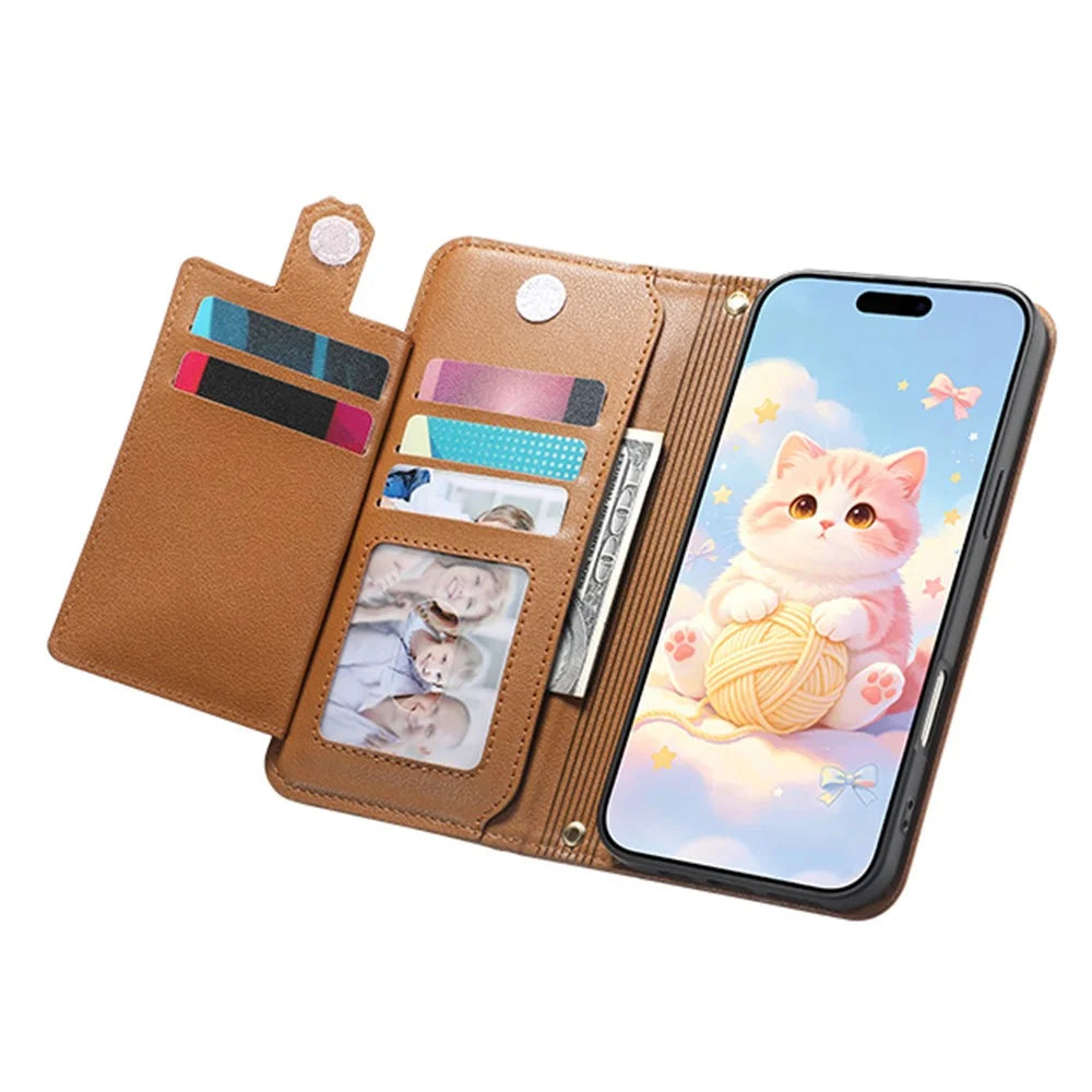 For iPhone 18 Pro Max / 17 Pro Max Leather Case Cartoon Cat Pattern Wallet Stand Phone Cover with Wrist Strap - Brown - 2