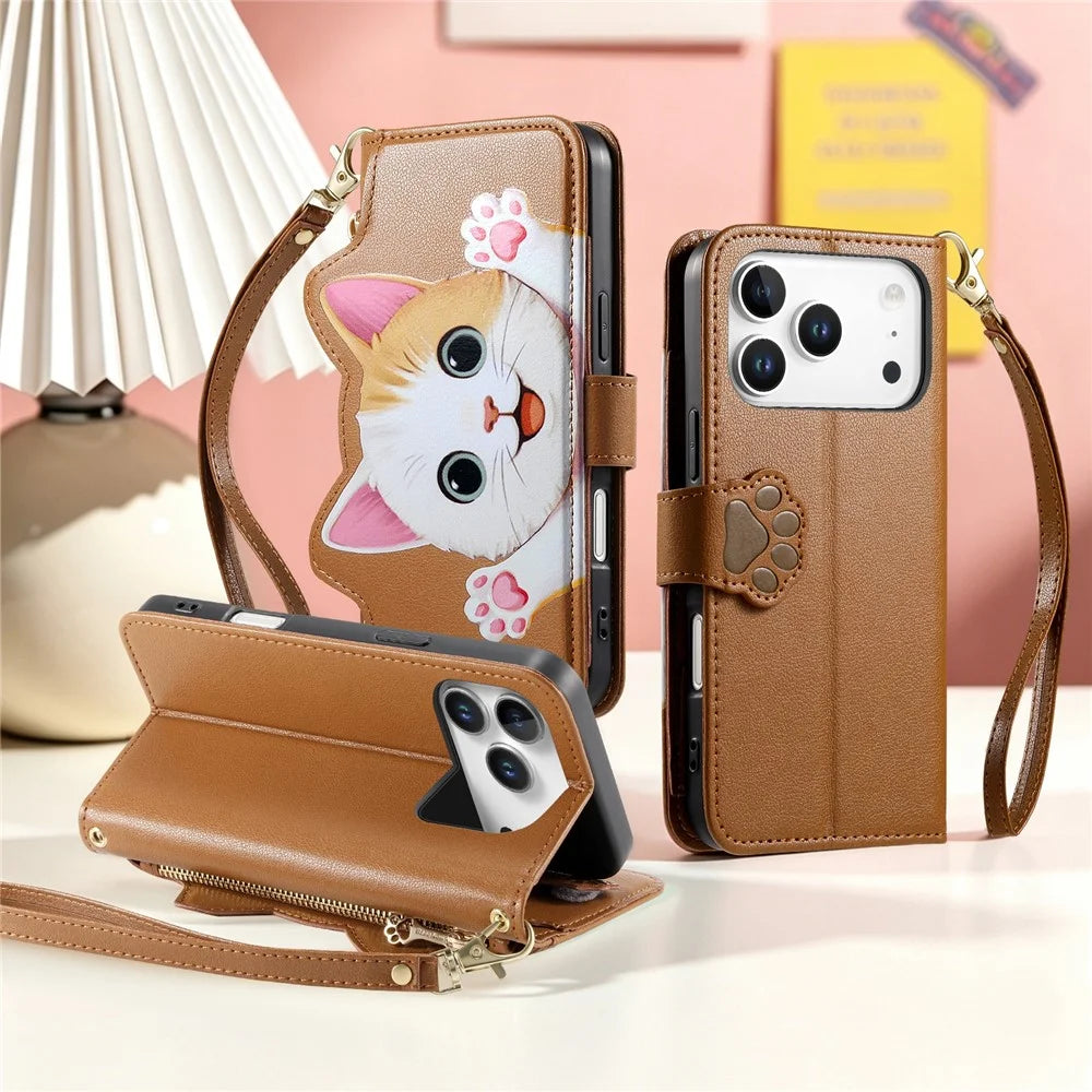 For iPhone 18 Pro Max / 17 Pro Max Leather Case Cartoon Cat Pattern Wallet Stand Phone Cover with Wrist Strap - Brown - 6