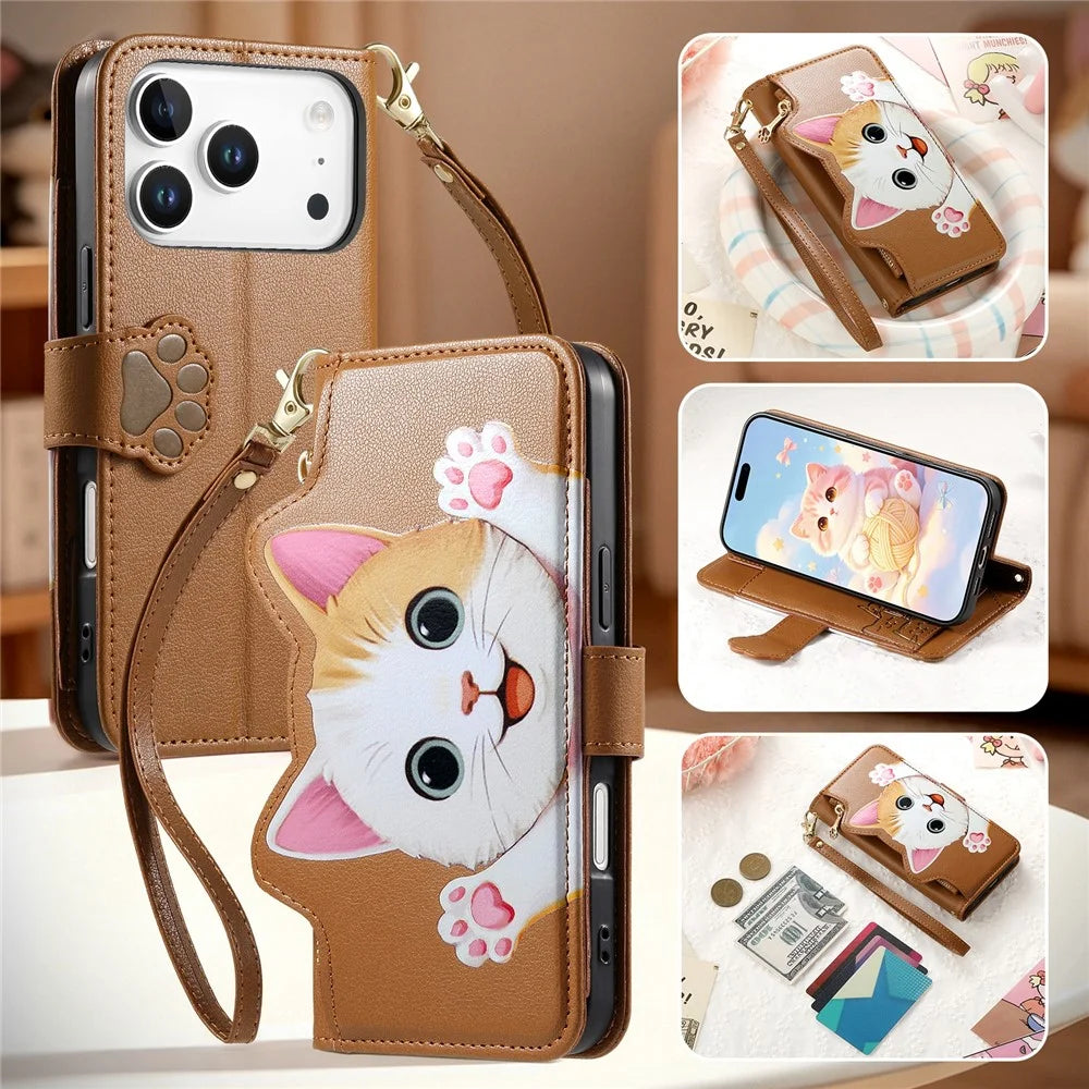For iPhone 18 Pro Max / 17 Pro Max Leather Case Cartoon Cat Pattern Wallet Stand Phone Cover with Wrist Strap - Brown - 7