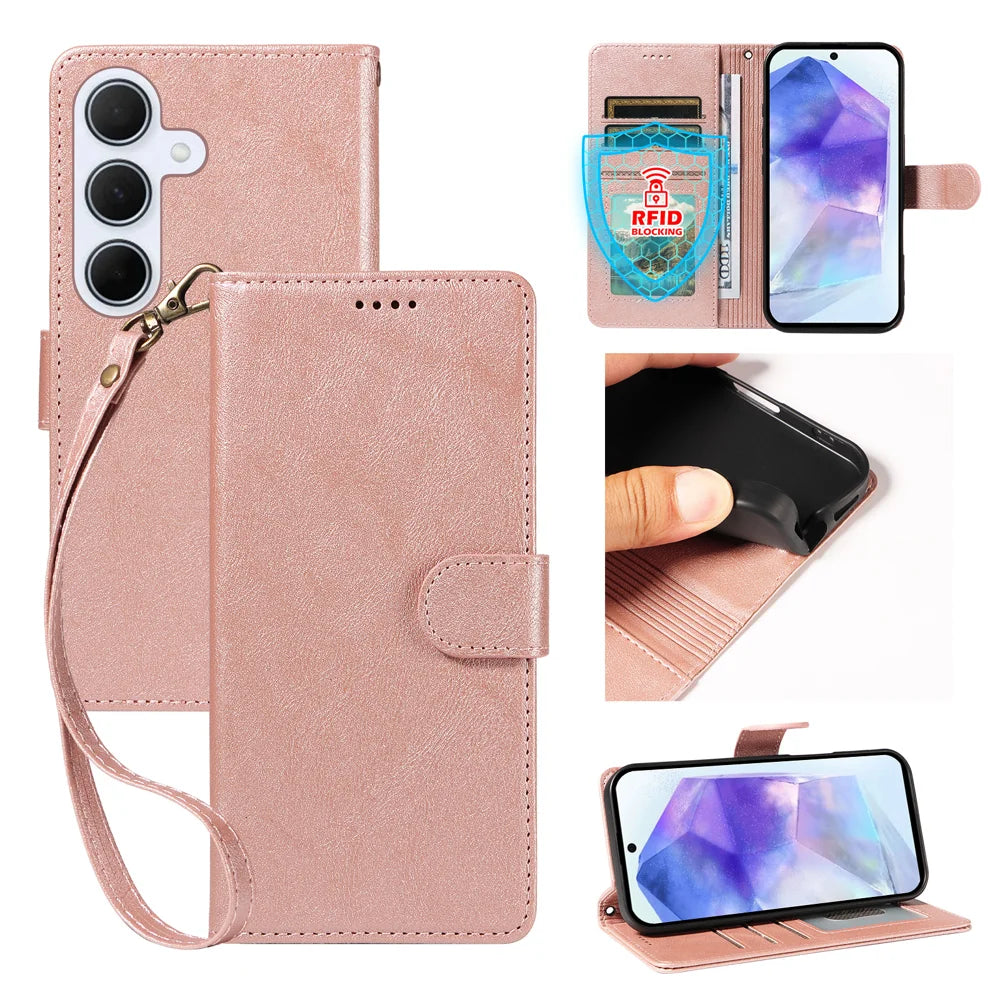For Samsung Galaxy A55 5G Case with Wrist Strap RFID Blocking Wallet Cowhide Texture Leather Phone Cover - Rose Gold - 1