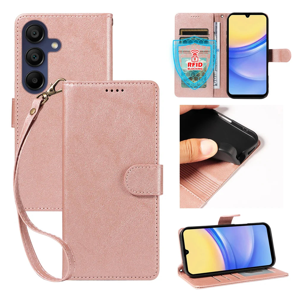 For Samsung Galaxy A15 5G / Galaxy A15 4G Case with Wrist Strap RFID Blocking Wallet Cowhide Texture Leather Phone Cover - Rose Gold - 1