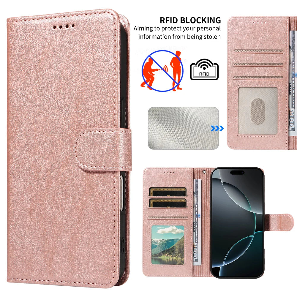 For Samsung Galaxy A15 5G / Galaxy A15 4G Case with Wrist Strap RFID Blocking Wallet Cowhide Texture Leather Phone Cover - Rose Gold - 5