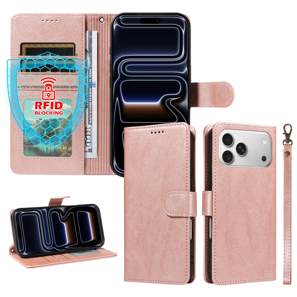For iPhone 18 Pro Max / iPhone 17 Pro Max Case with Wrist Strap RFID Blocking Wallet Cowhide Texture Leather Phone Cover - Rose Gold - 4