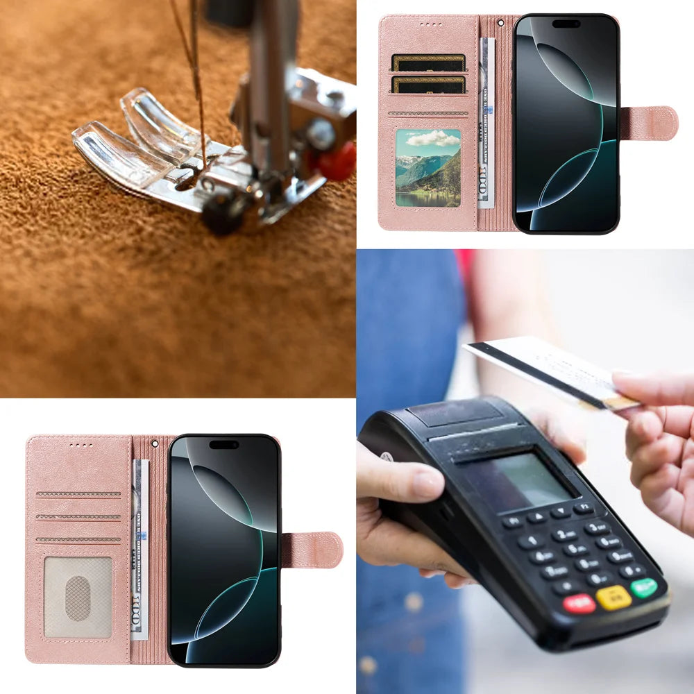 For iPhone 18 Pro Max / iPhone 17 Pro Max Case with Wrist Strap RFID Blocking Wallet Cowhide Texture Leather Phone Cover - Rose Gold - 7