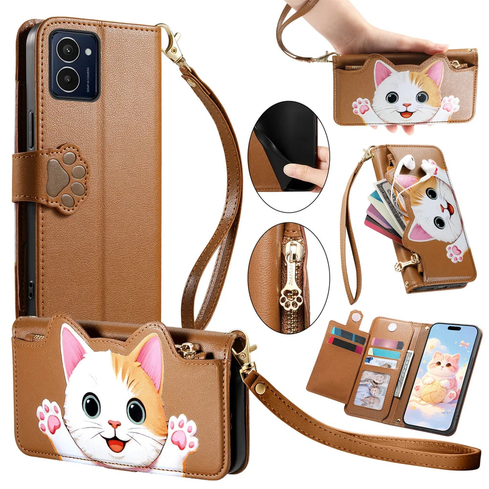 For HMD Pulse Pro Case Cute Cat Pattern PU Leather Wallet Phone Cover with Wrist Strap - Brown - 1
