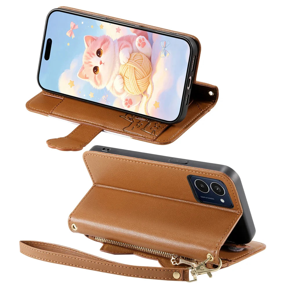 For HMD Pulse Pro Case Cute Cat Pattern PU Leather Wallet Phone Cover with Wrist Strap - Brown - 3