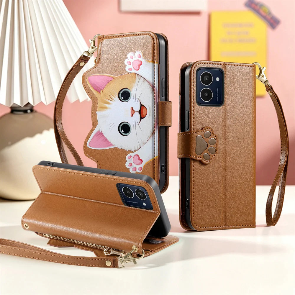 For HMD Pulse Pro Case Cute Cat Pattern PU Leather Wallet Phone Cover with Wrist Strap - Brown - 6