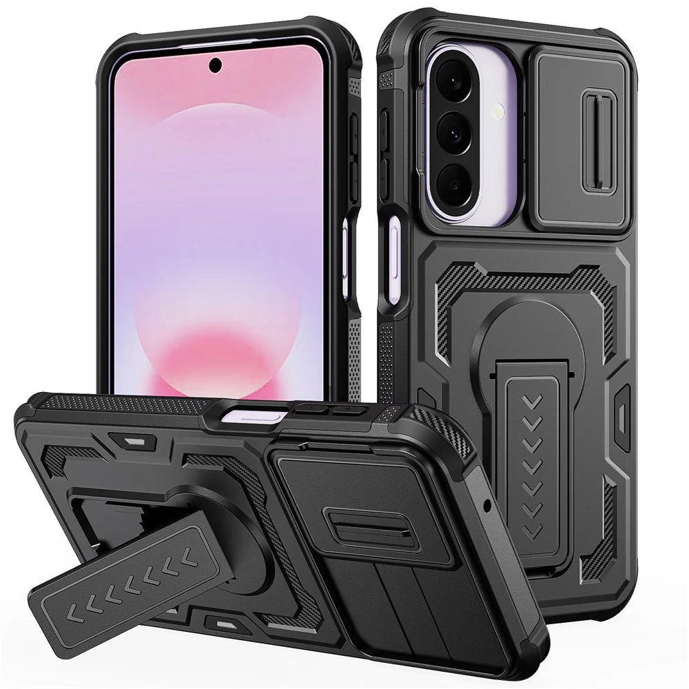 For Samsung Galaxy A27 5G Case Slide Lens Shield PC + TPU Kickstand Phone Cover - Black - 1