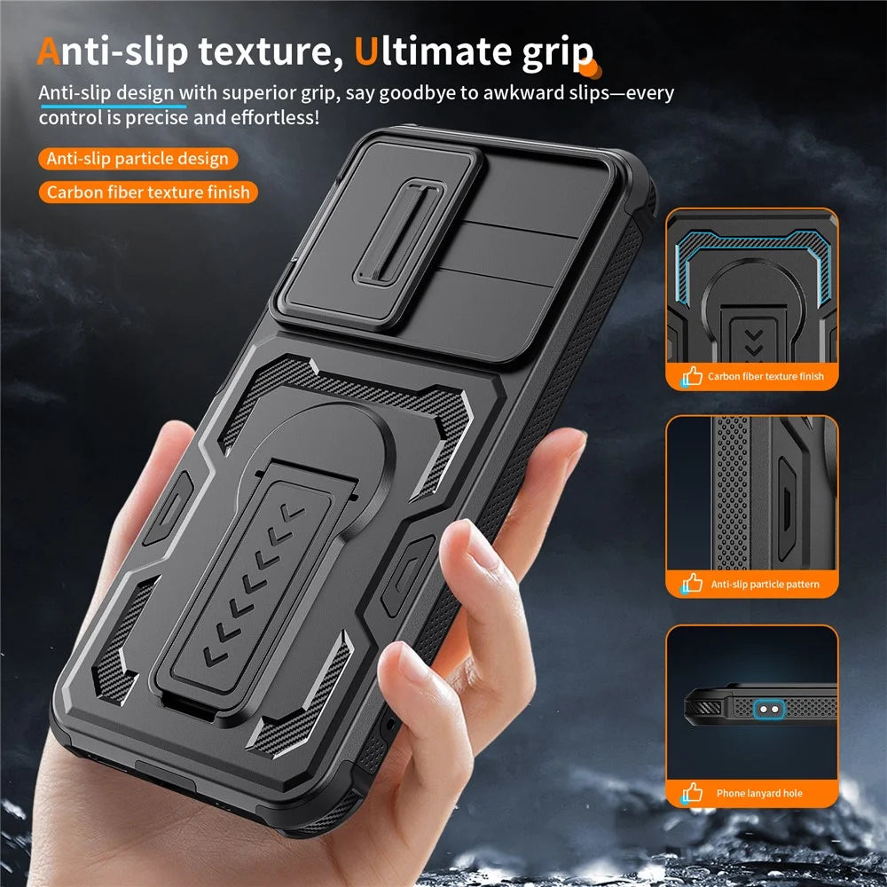 For Samsung Galaxy A27 5G Case Slide Lens Shield PC + TPU Kickstand Phone Cover - Black - 3