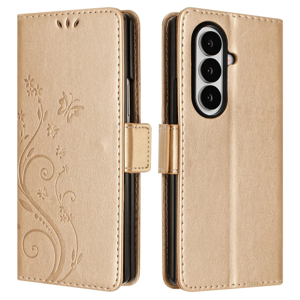 For Samsung Galaxy Z Fold8 Ultra Leather Wallet Case Butterfly Flower Imprinted Phone Cover with Strap - Gold - 1