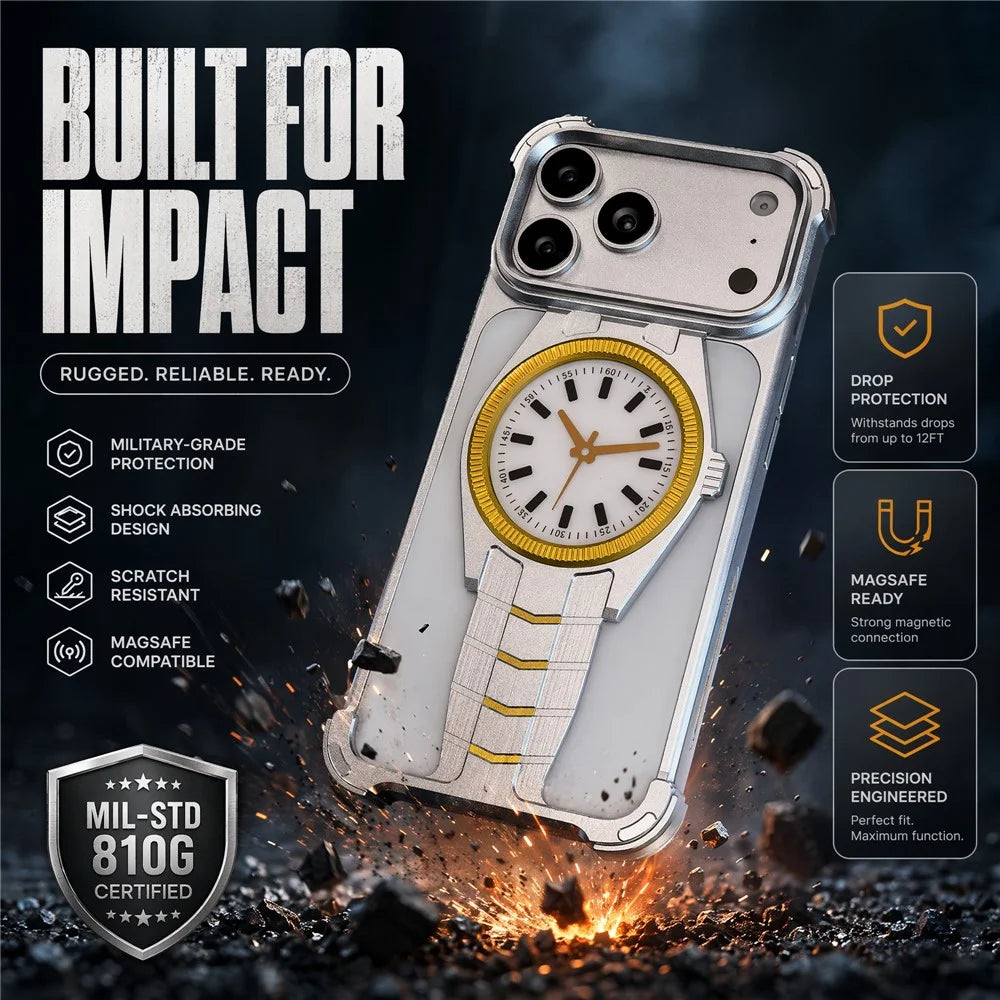 For iPhone 17 Pro Magnetic Case Creative Watch Design TPU + Alloy Frame Shockproof Phone Cover - Silver - 2