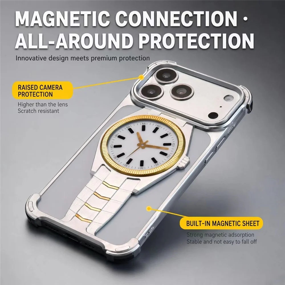 For iPhone 17 Pro Magnetic Case Creative Watch Design TPU + Alloy Frame Shockproof Phone Cover - Silver - 7