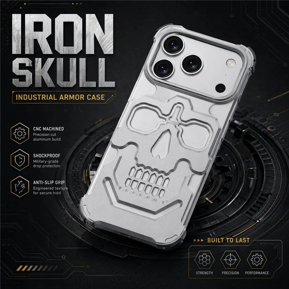 For iPhone 17 Pro Case Skull Armor Design Drop Protection Aluminum Alloy Hard Shell Cover - Orange - 3