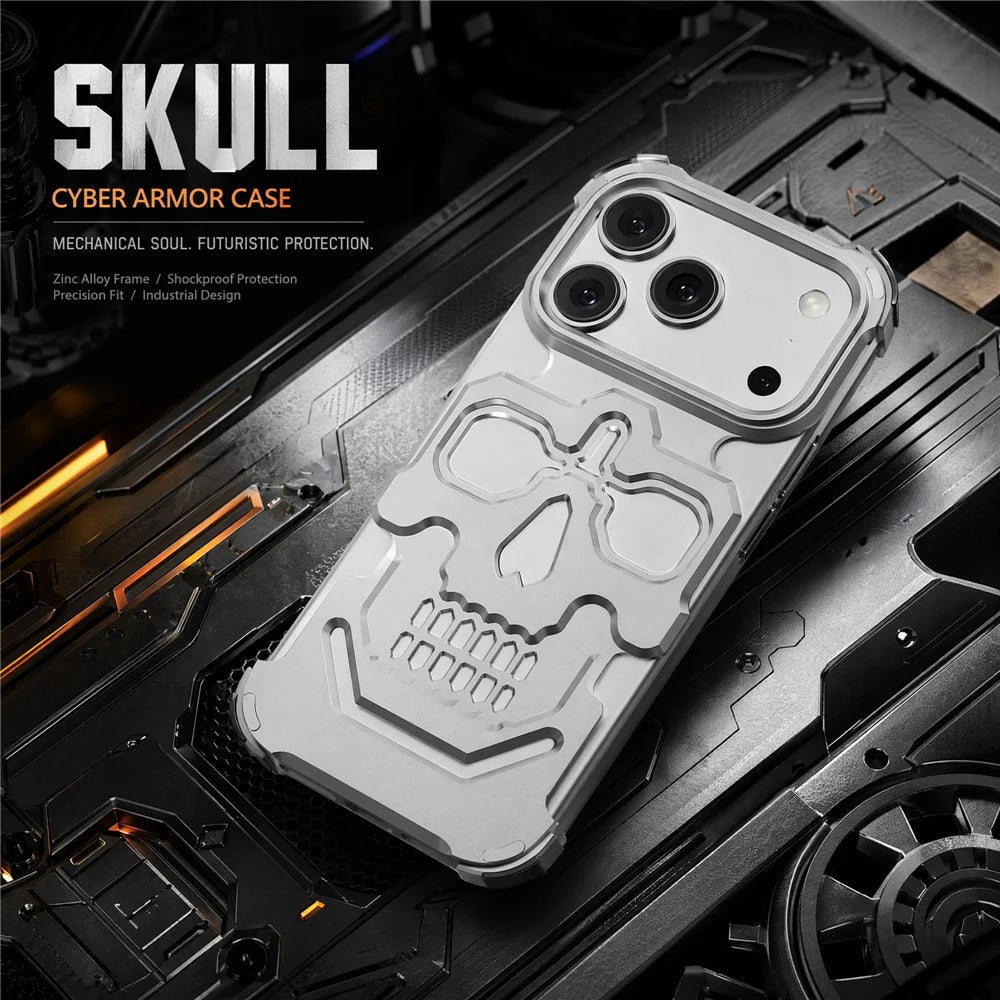 For iPhone 17 Pro Case Skull Armor Design Drop Protection Aluminum Alloy Hard Shell Cover - Orange - 4