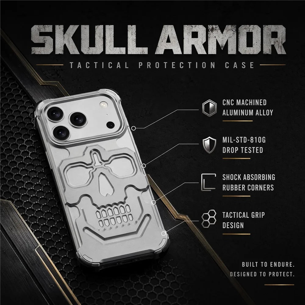 For iPhone 17 Pro Case Skull Armor Design Drop Protection Aluminum Alloy Hard Shell Cover - Orange - 5