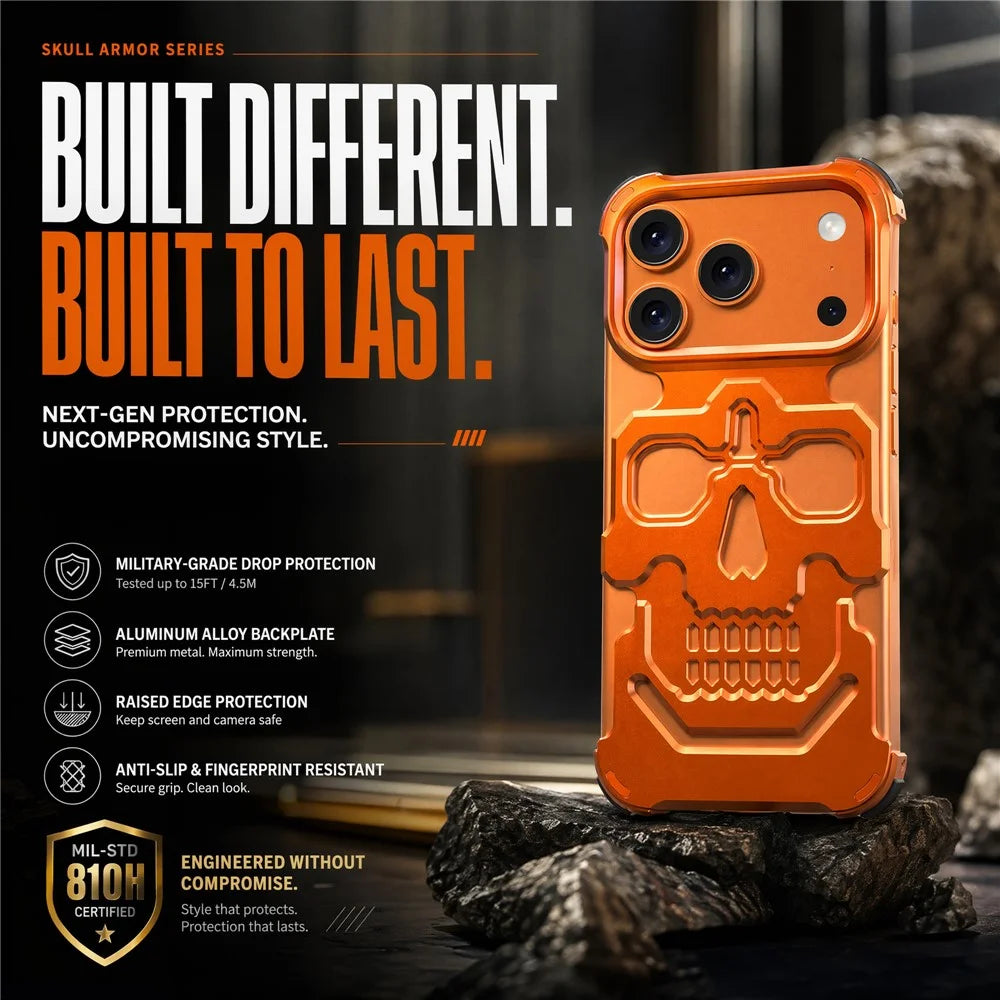 For iPhone 17 Pro Max Case Skull Armor Design Drop Protection Aluminum Alloy Hard Shell Cover - Orange - 2