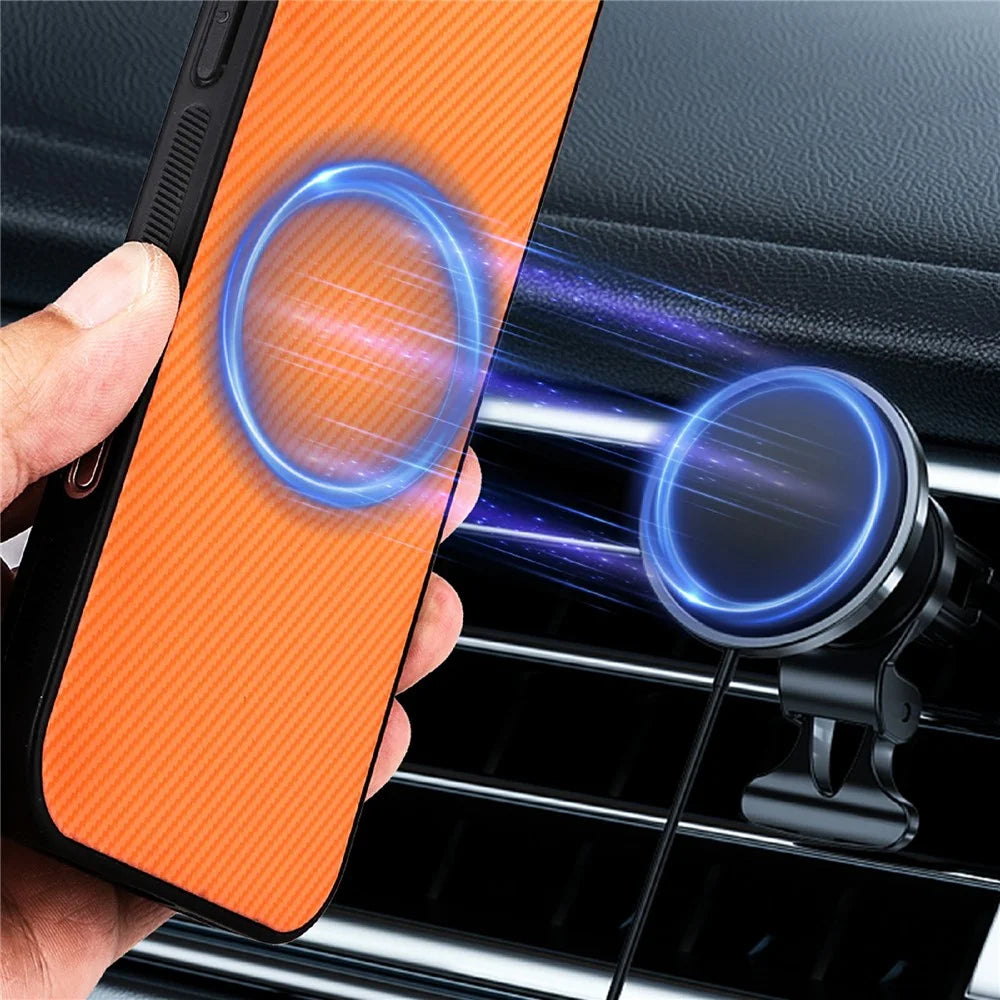 For iPhone 16 Pro Max Case Carbon Fiber Texture Leather Coated TPU PC Phone Cover with Metal Ring for Magnetic Car Mount - Orange - 4