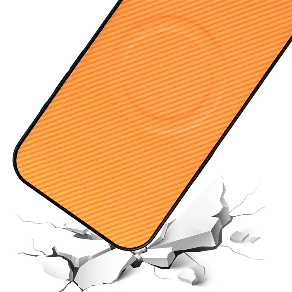 For iPhone 16 Pro Max Case Carbon Fiber Texture Leather Coated TPU PC Phone Cover with Metal Ring for Magnetic Car Mount - Orange - 5